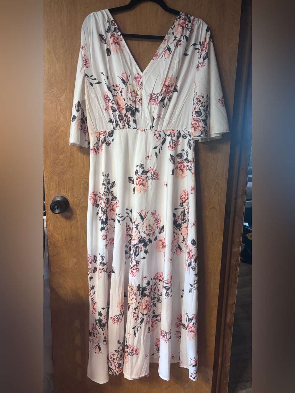 Floral V-Neck White Maxi Dress with Pink Rose Print
